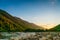 Svaneti landscape at sunset and river on the trekking and hiking route near Mestia village in Svaneti region, Georgia