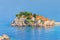 Sveti Stefan airview, island and hotel resort in Montenegro, southeast of Budva. Balkans, Adriatic sea, Europe. Travel