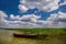 Svitiaz Lake, Shatsk National Natural Park, Volyn region, Ukraine. The Shatskyi Lakes group. Boat on the shore of the lake. Beach