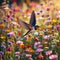 Swallow darts across a flower covered field looking for insects