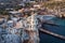 Swallow Nest aerial drone shot, ancient castle on top of mountain cliff near sea Yalta region, Crimea. Beautiful famous palace