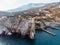 Swallow Nest aerial drone shot, ancient castle on top of mountain cliff near sea Yalta region, Crimea. Beautiful famous palace