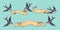 Swallows fly with ribbons.Vintage ribbon for design of wedding invitation, greeting card, retro banner, tattoo.