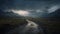 swamp plains with dirt road winding through, mountain background, a cloudy dark sky