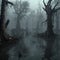 Swampy bog with dense fog at night. Created using ai generative.