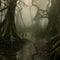 Swampy bog with dense fog at night. Created using ai generative.