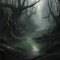 Swampy bog with dense fog at night. Created using ai generative.