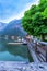 Swan boats on the Hallstatt lake in Austria