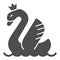 Swan with crown solid icon, fairytale concept, Silhouette of swan with crown sign on white background, Fairy waterbird