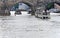 Swan family on Vltava between cruise ships under Charles Bridge. Prague, Czech Republic