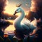 The swan glides effortlessly across the water, its long, slender neck gracefully arched