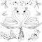 Swan lake ballet fairy tale set. Vector black and white coloring page