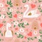 Swan pattern. Cute swan couple pink seamless background, floral branches, heart. Romantic vector print