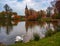 Swan on the pond in famous Muskau Park at autumn evening. Germany. UNESCO World Heritage Site