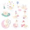 Swan princess. Cartoon swans, vintage watercolor doodle birds and flowers. Cute baby stickers with animal, birthday