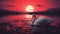 Swan In River: Highly Detailed Illustration With Red Sunset