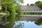 Swan & signets on a beautiful lake, with a traditional half timber building, Kvaerndrup, Funen, Denmark.