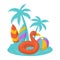 Swan Swim Float, surf board and coconut trees