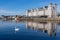 a swan swiming the sea with cityscape of oslo