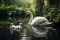 swan and two babies swan swiming in a green forest, ai generated