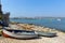 Swanage Dorset England UK with rowing boats and the bay by the harbour