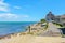 Swanage`s pretty and colourful coastal walk to Peveril Point on a summer day