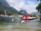 Swans, catamarans, lake, mountains in Italy