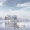 Swans family swims in the winter lake water in sunrise time