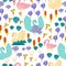 Swans and flowers seamless pattern, on white background