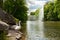 Swans near beautiful fountain on the lake in Sofiyivsky Park in Uman, Ukraine