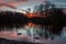 Swans peacefully glide across a tranquil lake during a picturesque sunset