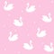 Swans. Seamless vector pattern of cartoons white birds on a pink background with hearts.