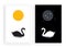 Swans Silhouettes swimming on sunlight and moonlight, vector,  two pieces minimalist poster design, black and white, sun and moon