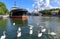 Swans swim in the harbor next to the ships. Baltiysk