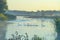 Swans swimming in a row along the edge of a misty lake at sunrise in an early summer morning