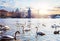 Swans on Vltava river, towers and Charles Bridge at sunrise in Prague, Czech Republic. Prague landmarks