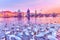 Swans on Vltava river, towers and Charles Bridge at sunset, Prague, Czech Republic.