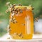 Swarm of bees around a jar full of honey