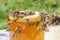 Swarm of bees around a jar full of honey