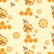 Swarm bees. Flowers, honeycombs. Bee pattern, background. Flying bee.