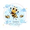 Swarm bees. Honey bees fly in the clouds. Cartoon cute character. Emblem, sticker, label, mascot. Lettering.