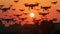 Swarm Of Drones Against Sunset, Silhouette Cityscape. Surveillance, Delivery Services. AI Generated