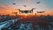 Swarm Of Drones Flying Over City At Sunrise. Modern Security And Aerial Photography. AI Generated