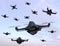 Swarm of security drones with surveillance camera flying in the sky