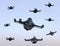 Swarm of security drones with surveillance camera flying in the sky