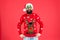 Sweater with deer. Clothes shop. Buy festive clothing. Holidays accessories. Hipster bearded man wear winter sweater and