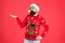 Sweater with deer. Clothes shop. Buy festive clothing. Holidays accessories. Hipster bearded man wear winter sweater and