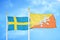 Sweden and Bhutan two flags on flagpoles and blue sky