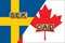 Sweden and Canada currencies codes on national flags background