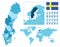 Sweden detailed administrative blue map with country flag and location on the world map.